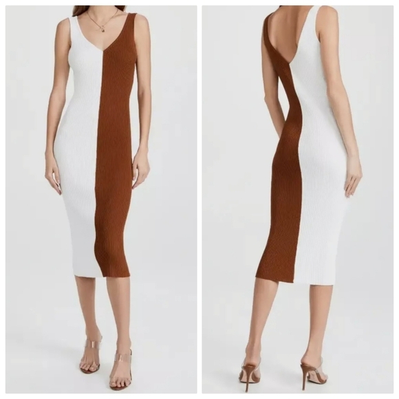 New Staud Dana Ribbed Knit V-Neck Sleeveless Tan/White Midi Dress NWOT Medium - Picture 3 of 16